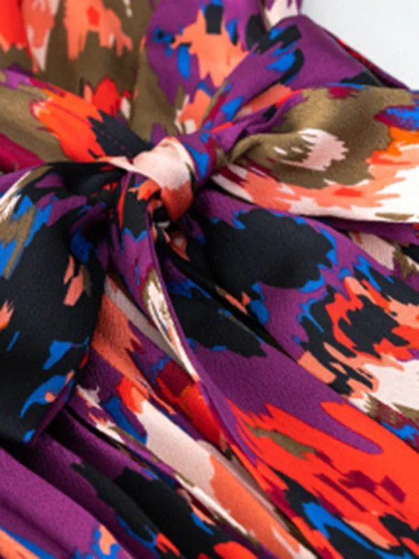 Abstract Print Pleated Dress: V Neck, Ruffle Cuffs, Belted Design!