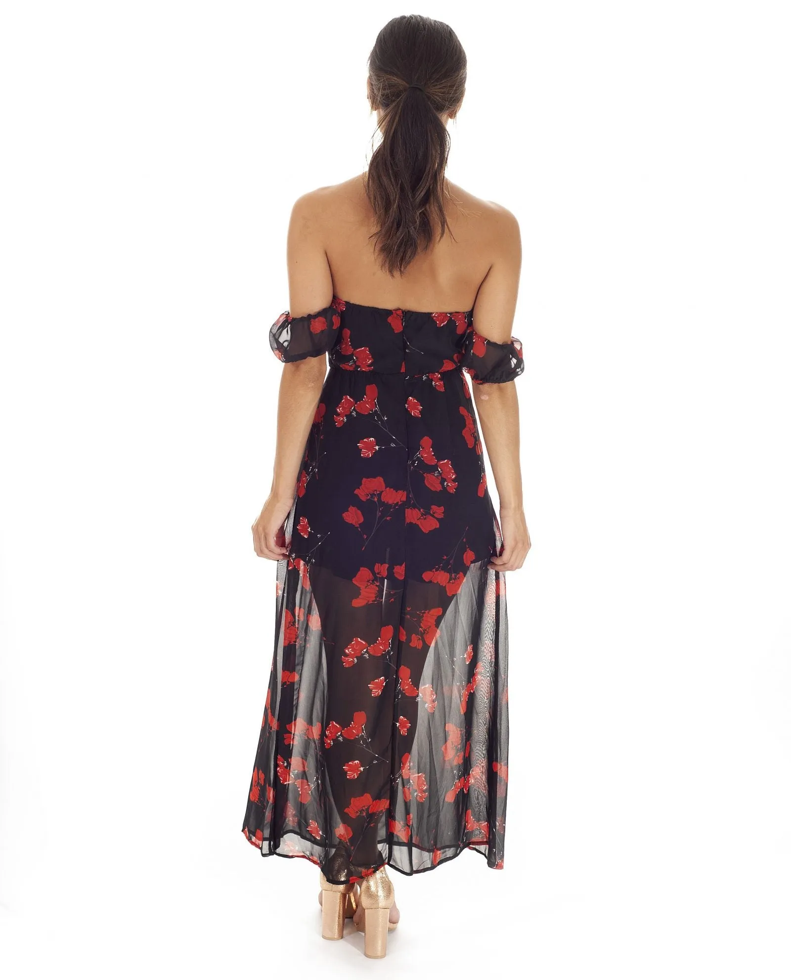 BLACK FLORAL OFF THE SHOULDER MIDI DRESS