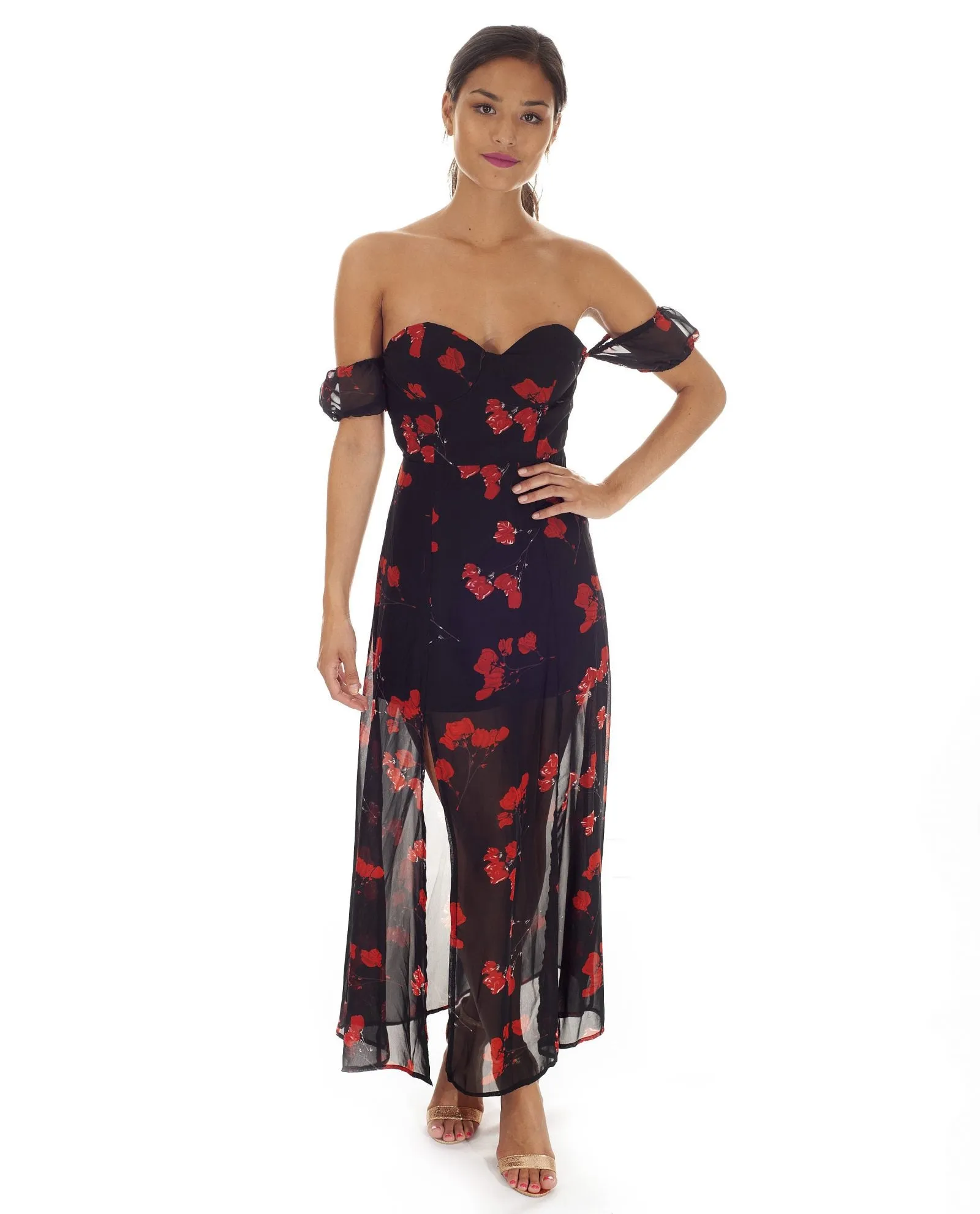 BLACK FLORAL OFF THE SHOULDER MIDI DRESS