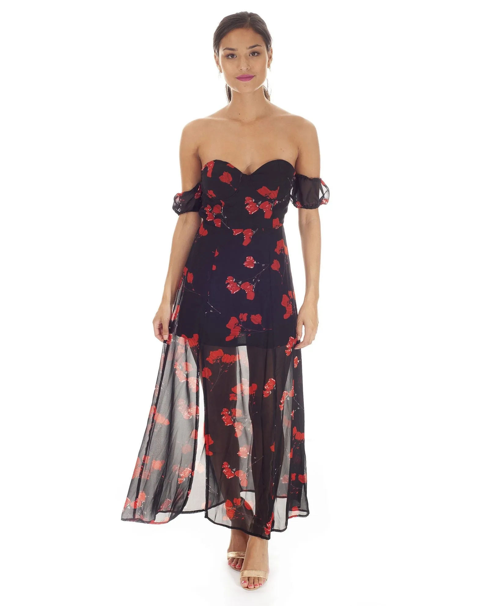BLACK FLORAL OFF THE SHOULDER MIDI DRESS