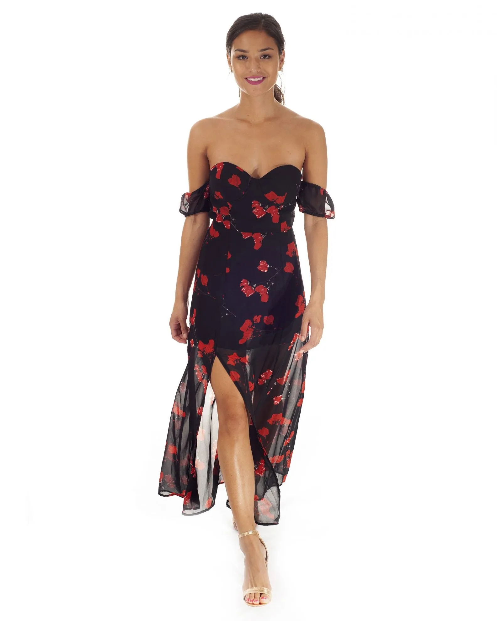 BLACK FLORAL OFF THE SHOULDER MIDI DRESS