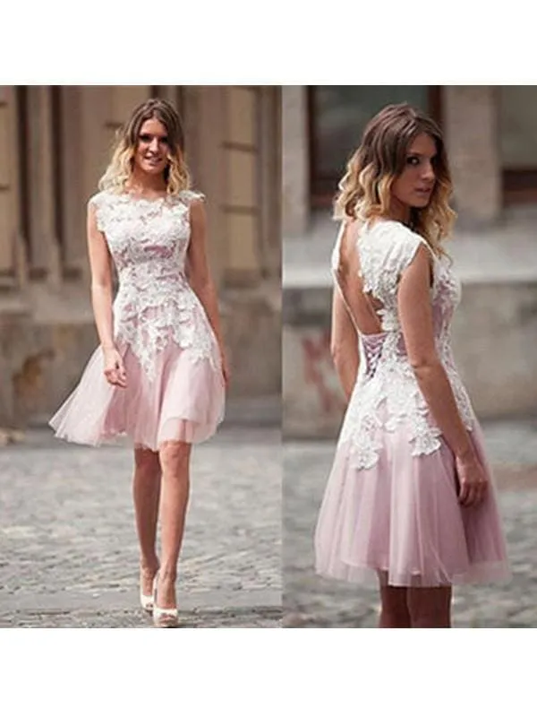 Bridelily A-Line Tulle Scoop Sleeveless Short/Mini Applique Prom Dresses