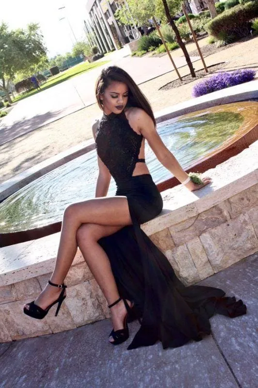Bridelily High Neck Mermaid Black Cutaway-Sides Backless Side-Slit Sexy Prom Dresses