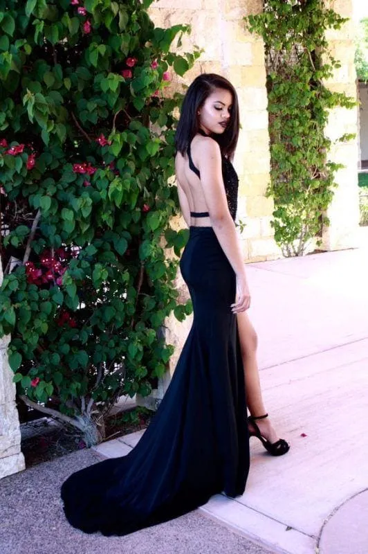 Bridelily High Neck Mermaid Black Cutaway-Sides Backless Side-Slit Sexy Prom Dresses