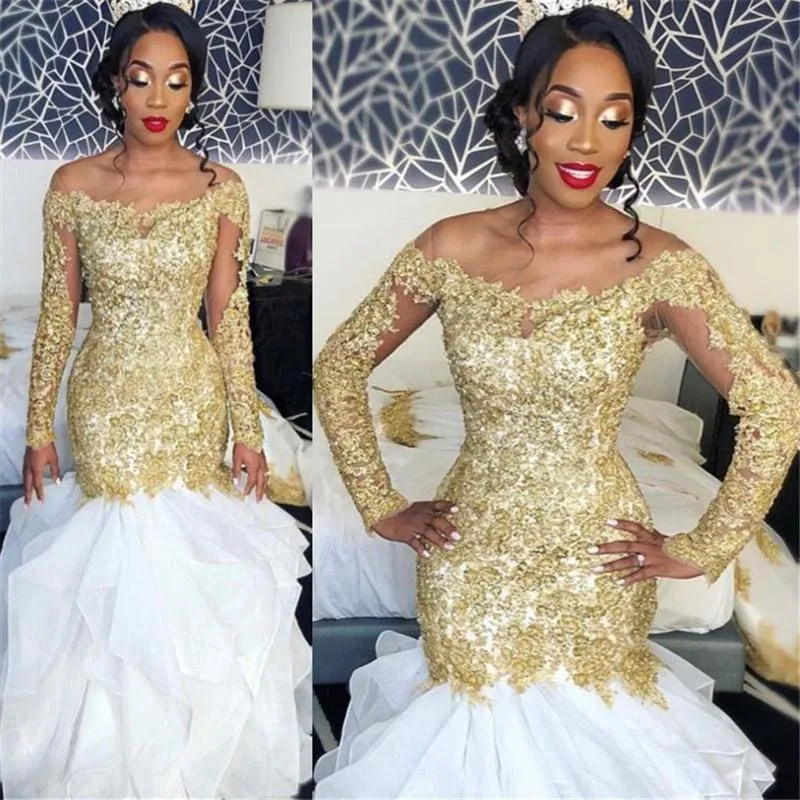 Bridelily Long Sleeve Gold Lace Appliques 2019 Prom Dress | Sexy Ruffles Mermaid Evening Gown Cheap FB0328