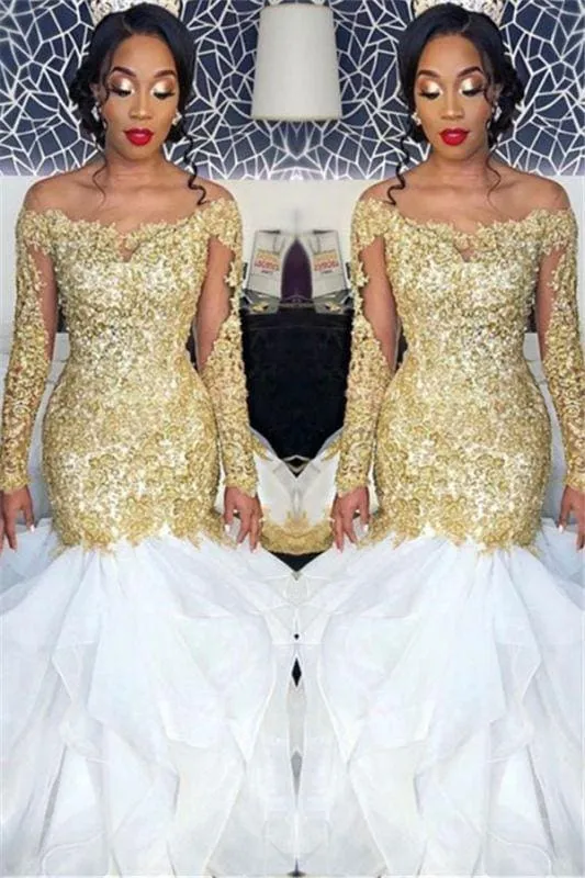 Bridelily Long Sleeve Gold Lace Appliques 2019 Prom Dress | Sexy Ruffles Mermaid Evening Gown Cheap FB0328