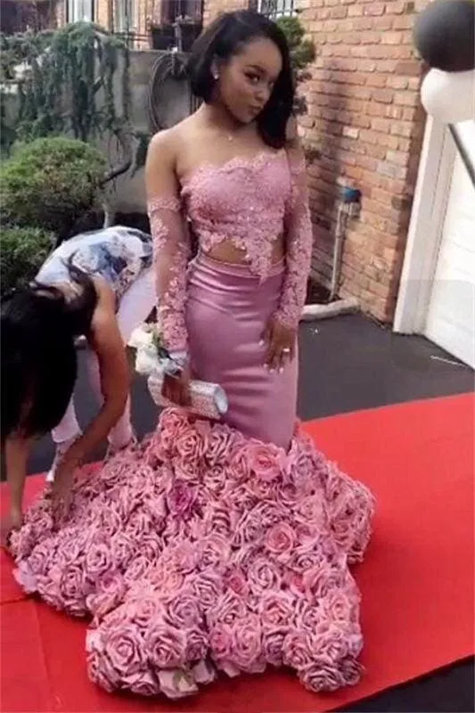 Bridelily Long Sleeve Pink Lace Prom Dresses 2019 | Roses Bottom Off The Shoulder Mermaid Evening Dress Sexy FB0315