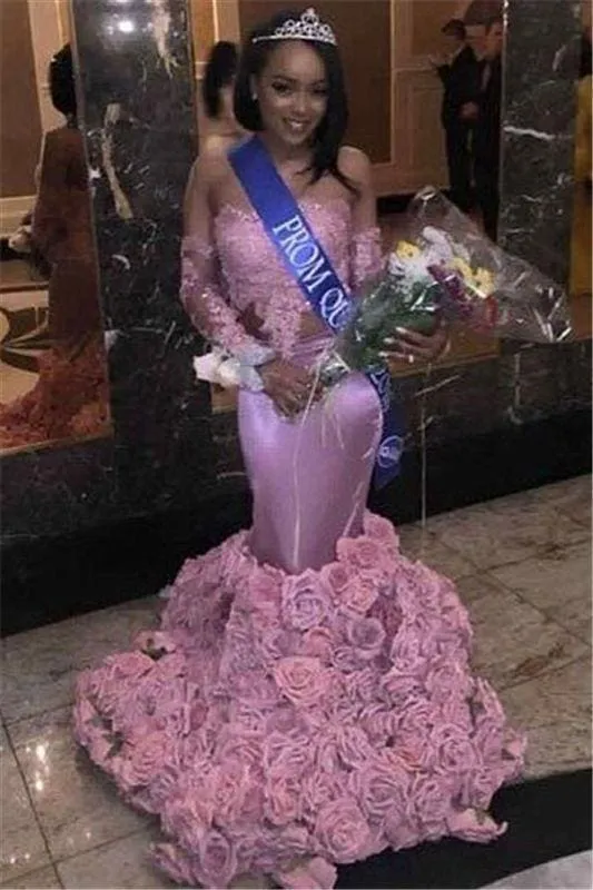 Bridelily Long Sleeve Pink Lace Prom Dresses 2019 | Roses Bottom Off The Shoulder Mermaid Evening Dress Sexy FB0315