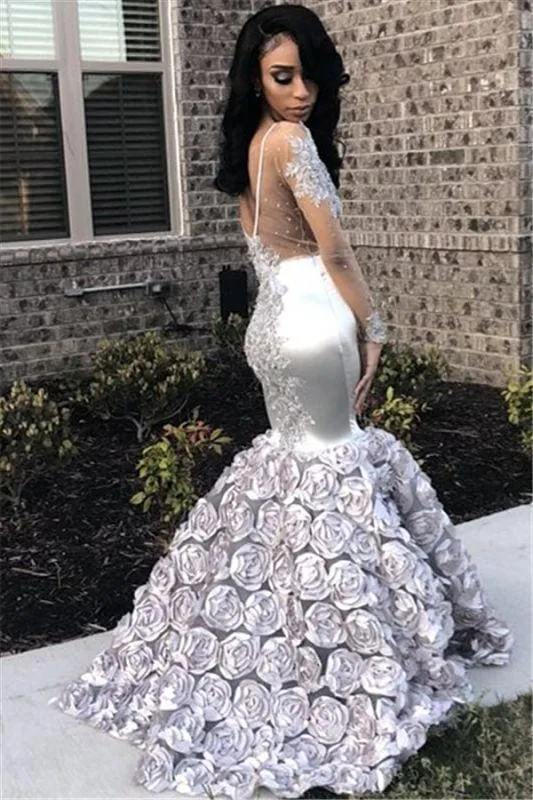 Bridelily Silver FlowersPretty Prom Dresses 2019 | Long Sleeve Beads Lace Mermaid Graduation Dress FB0371