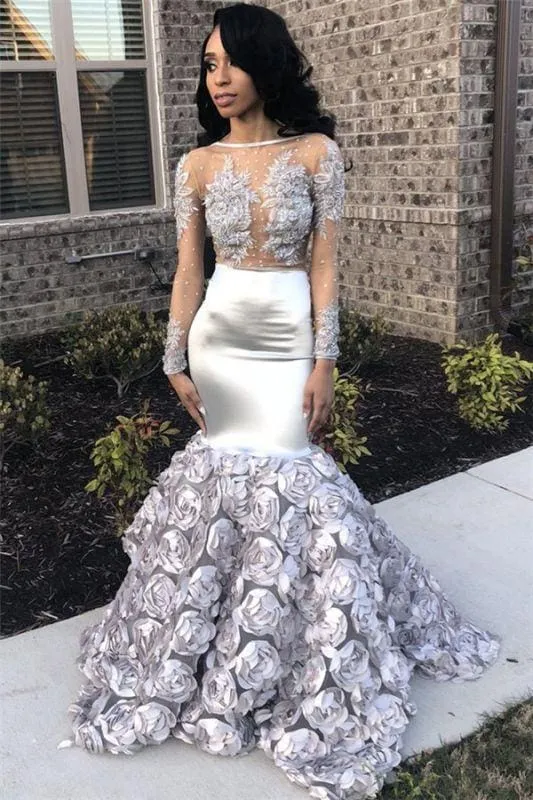 Bridelily Silver FlowersPretty Prom Dresses 2019 | Long Sleeve Beads Lace Mermaid Graduation Dress FB0371