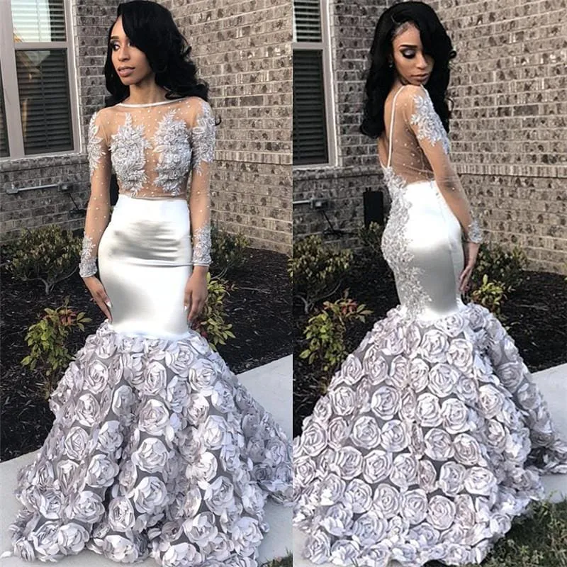 Bridelily Silver FlowersPretty Prom Dresses 2019 | Long Sleeve Beads Lace Mermaid Graduation Dress FB0371