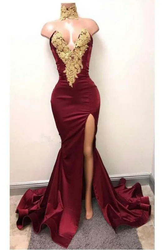 Burgundy V Neck Sleeveless Mermaid Prom with Gold Appliques Long Evening Dress