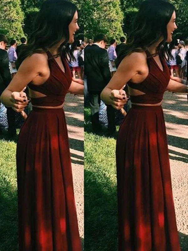 Chiffon Halter Sleeveless Floor-Length With Ruffles Two Piece Dresses