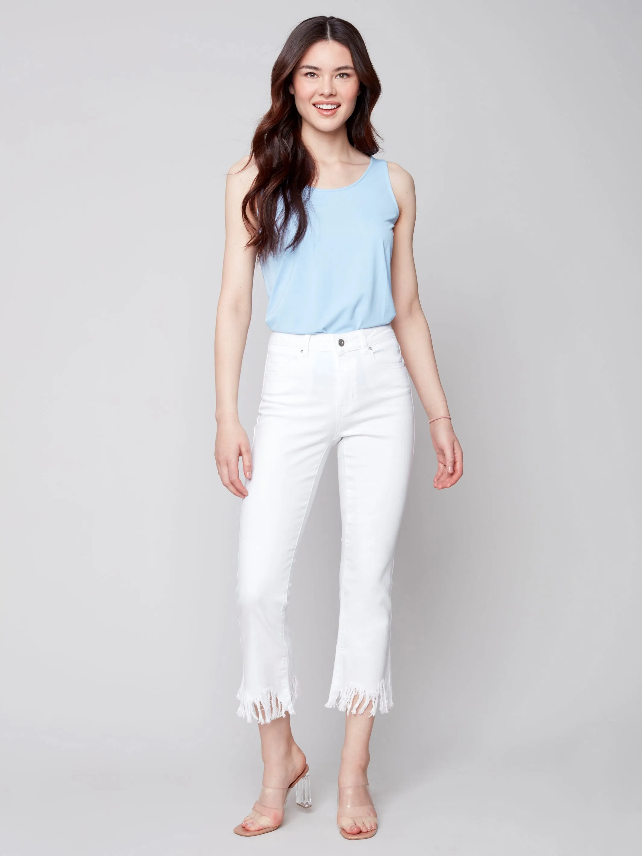 Cropped Twill Jeans with Feathered Hem - White