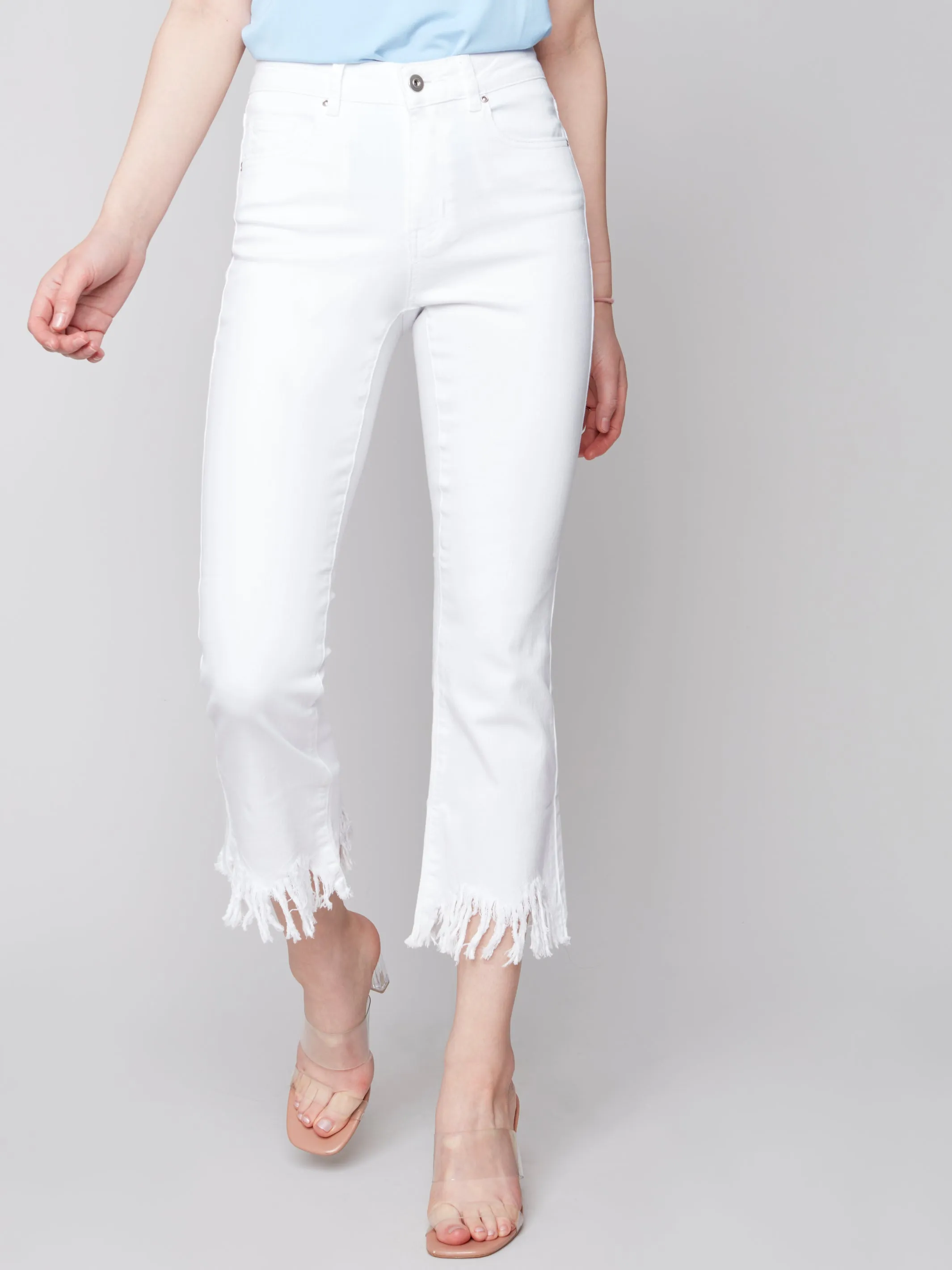 Cropped Twill Jeans with Feathered Hem - White