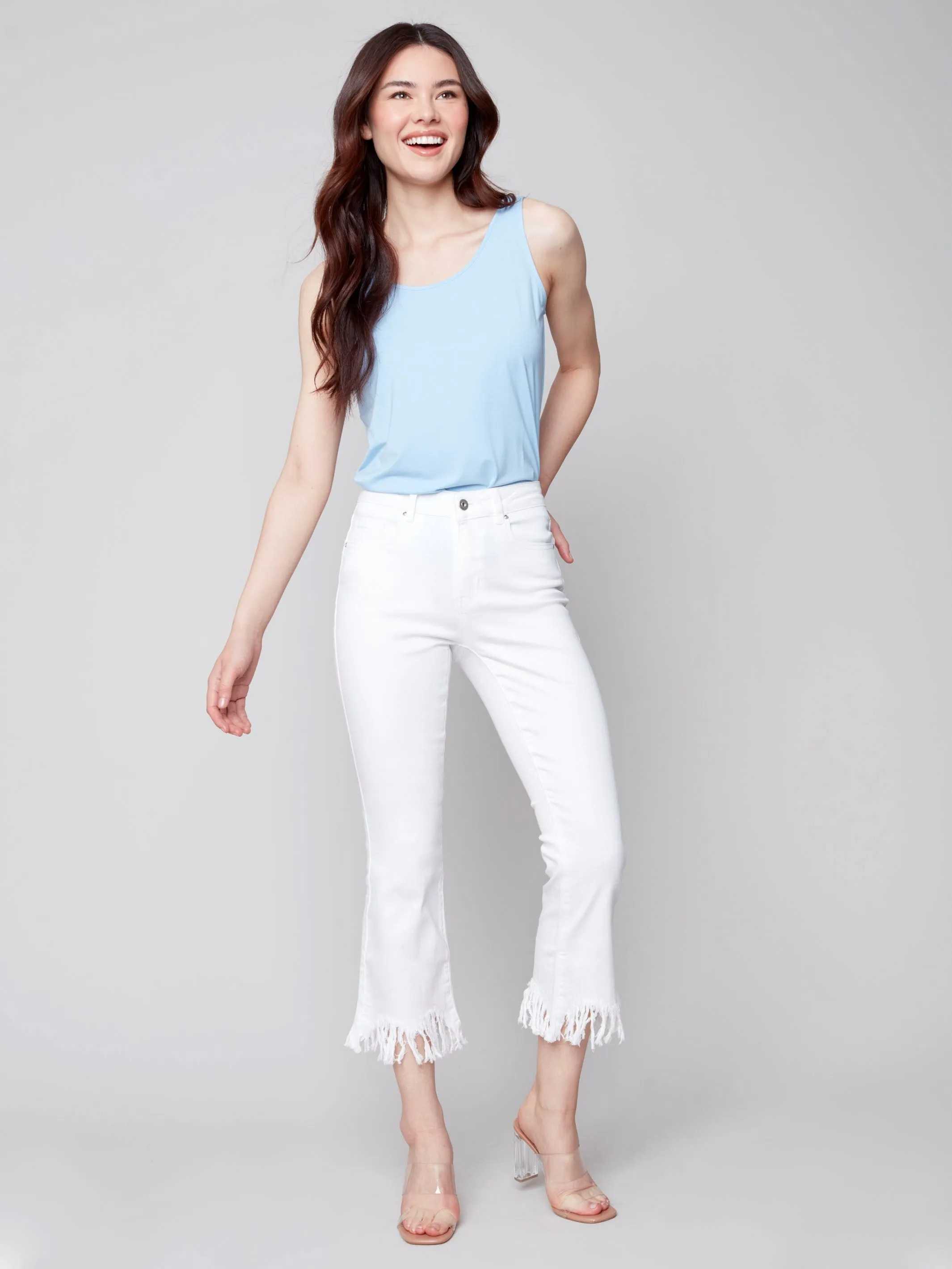 Cropped Twill Jeans with Feathered Hem - White