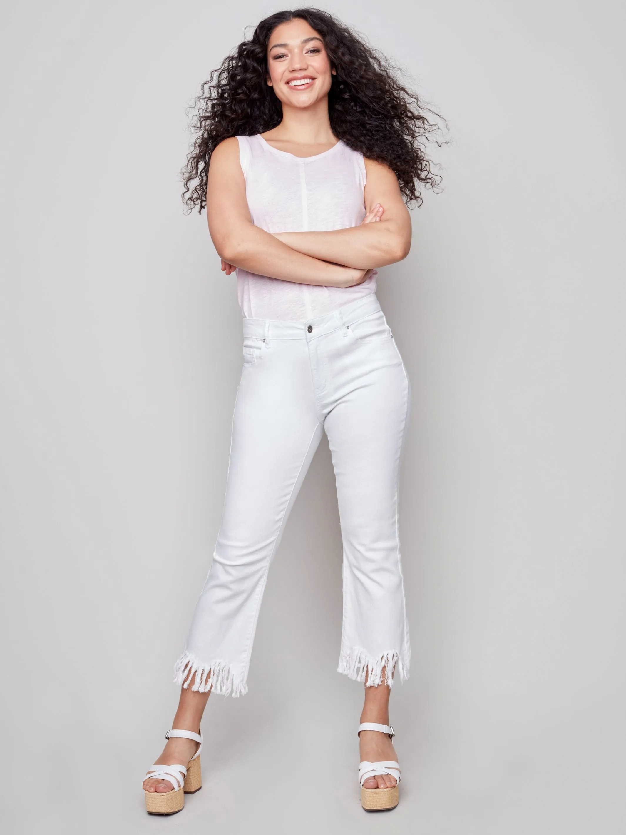 Cropped Twill Jeans with Feathered Hem - White