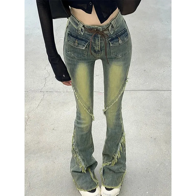 Damen Vintage-Schlaghosen mit Spitze und High Waist