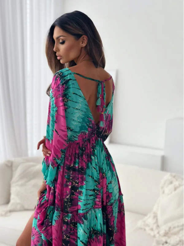 Floral Lantern Sleeve Maxi Dress with High Slit