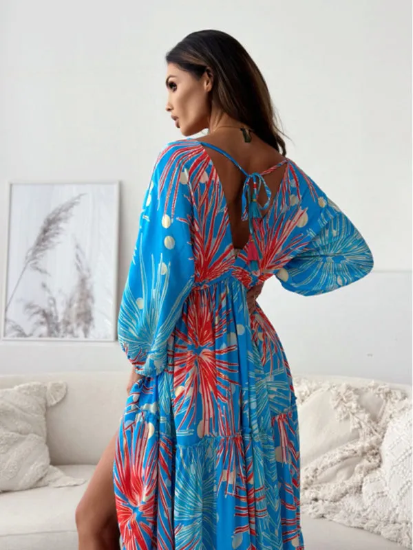 Floral Lantern Sleeve Maxi Dress with High Slit