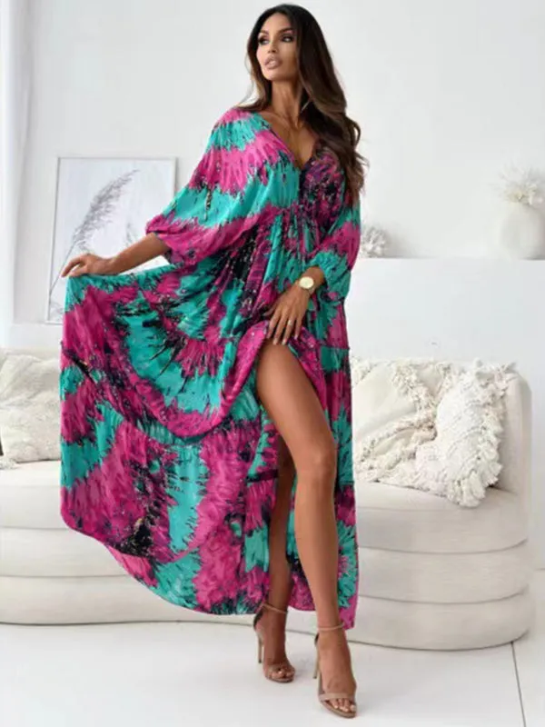 Floral Lantern Sleeve Maxi Dress with High Slit