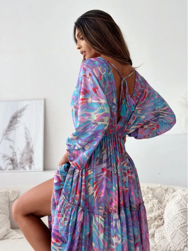 Floral Lantern Sleeve Maxi Dress with High Slit