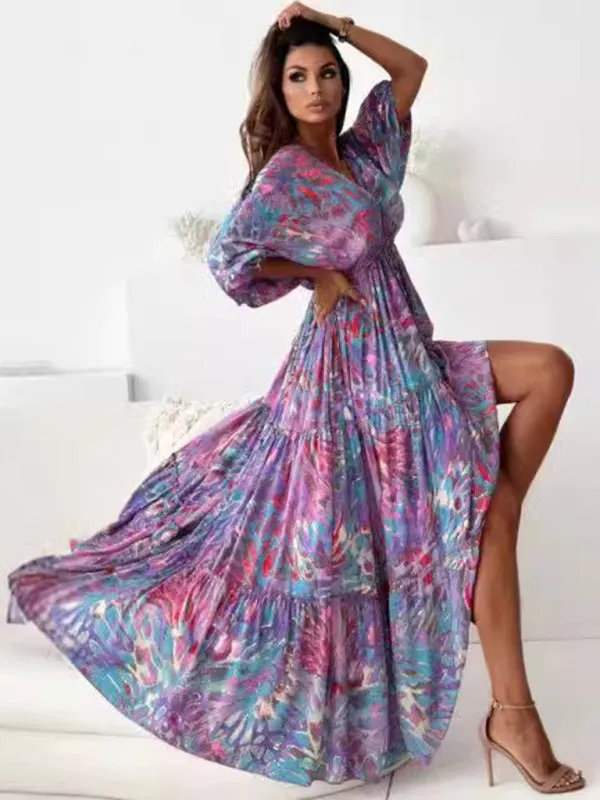 Floral Lantern Sleeve Maxi Dress with High Slit