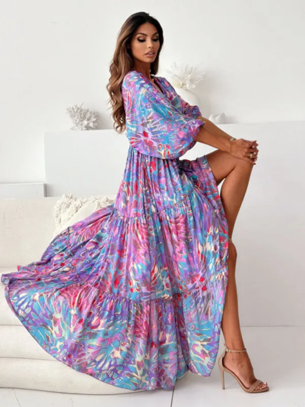 Floral Lantern Sleeve Maxi Dress with High Slit