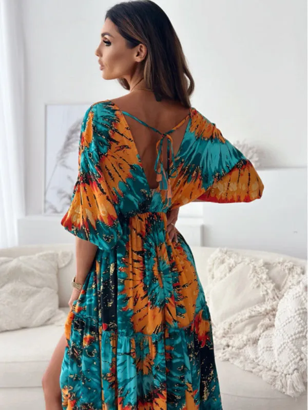 Floral Lantern Sleeve Maxi Dress with High Slit