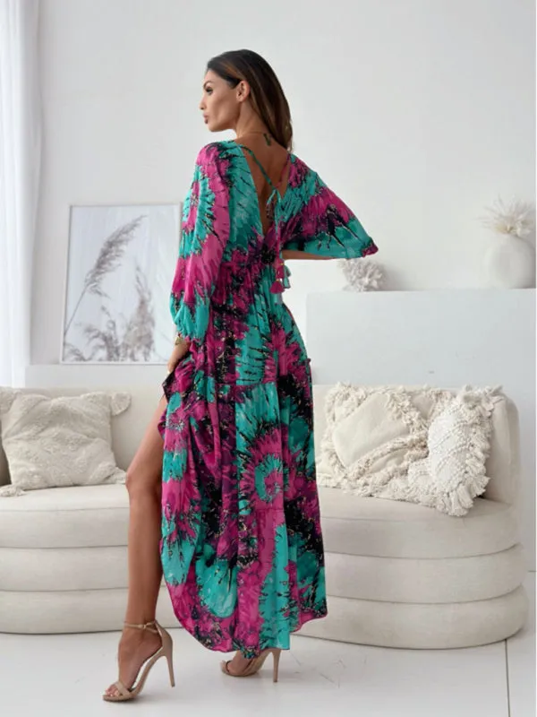 Floral Lantern Sleeve Maxi Dress with High Slit
