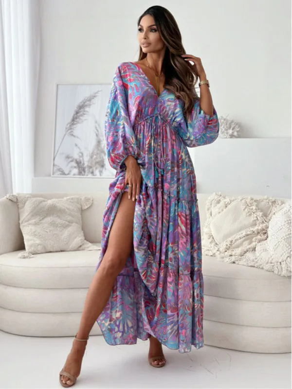 Floral Lantern Sleeve Maxi Dress with High Slit