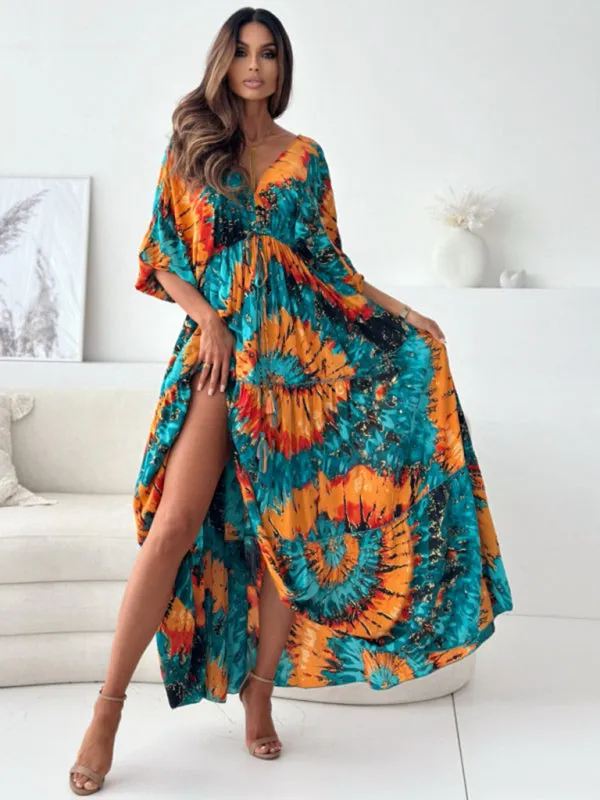 Floral Lantern Sleeve Maxi Dress with High Slit