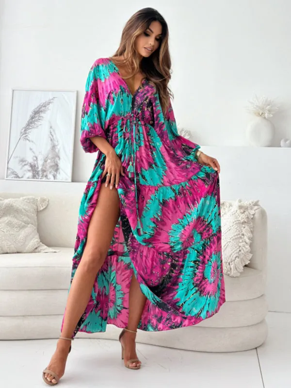 Floral Lantern Sleeve Maxi Dress with High Slit