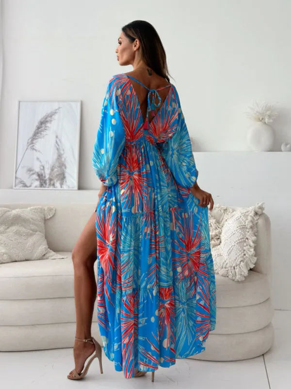 Floral Lantern Sleeve Maxi Dress with High Slit