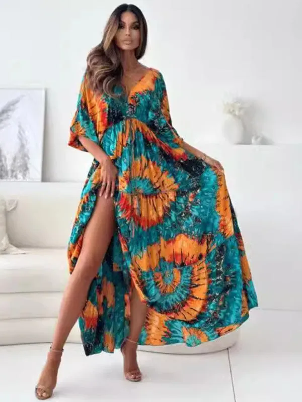 Floral Lantern Sleeve Maxi Dress with High Slit
