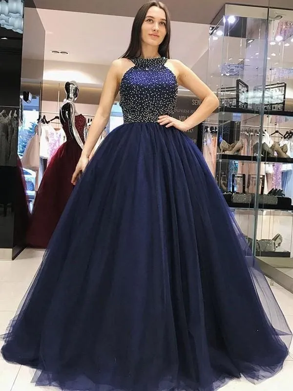 Gown Sleeveless Halter Sweep/Brush Train With Beading Tulle Dresses