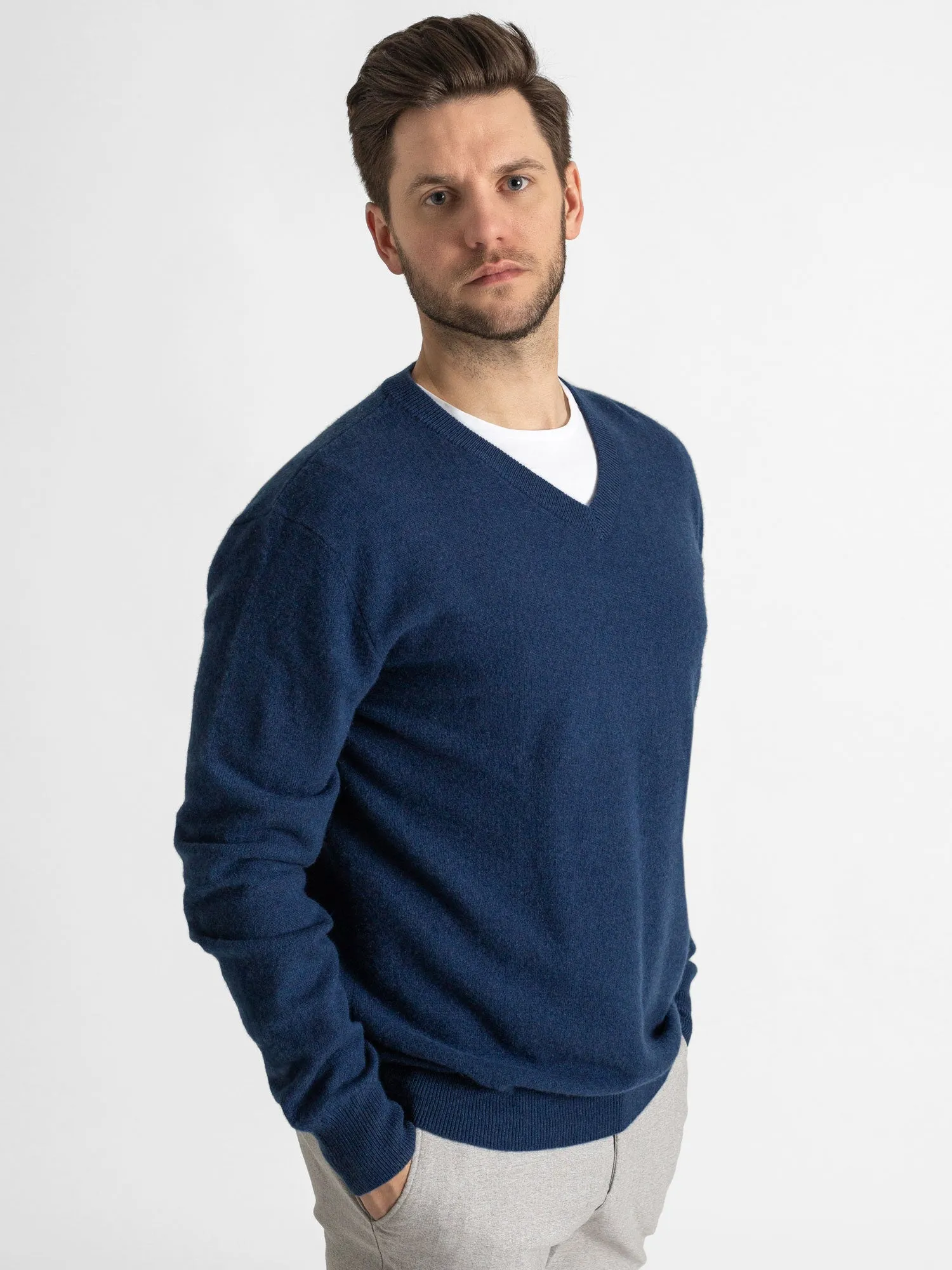 Herre kashmirgenser "V-neck" - mountain blue
