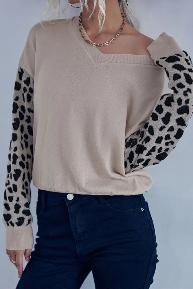 Khaki Leopard Sleeves V Neck Knit Sweaters