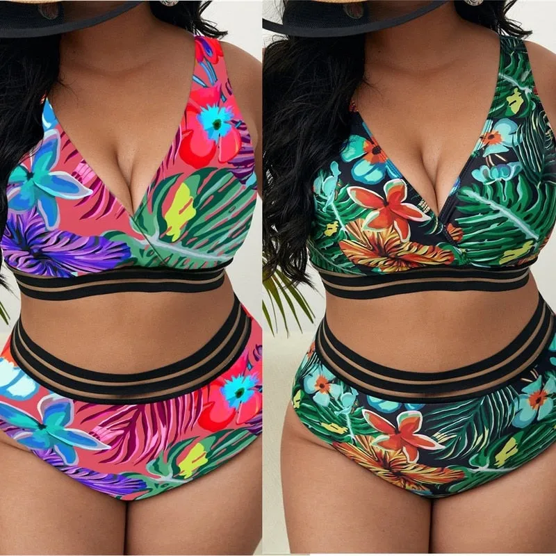 Plus Size  High Waist Two Pieces Bikini Set Swimsuit Women Beachwear Swimwear Bathing Suit
