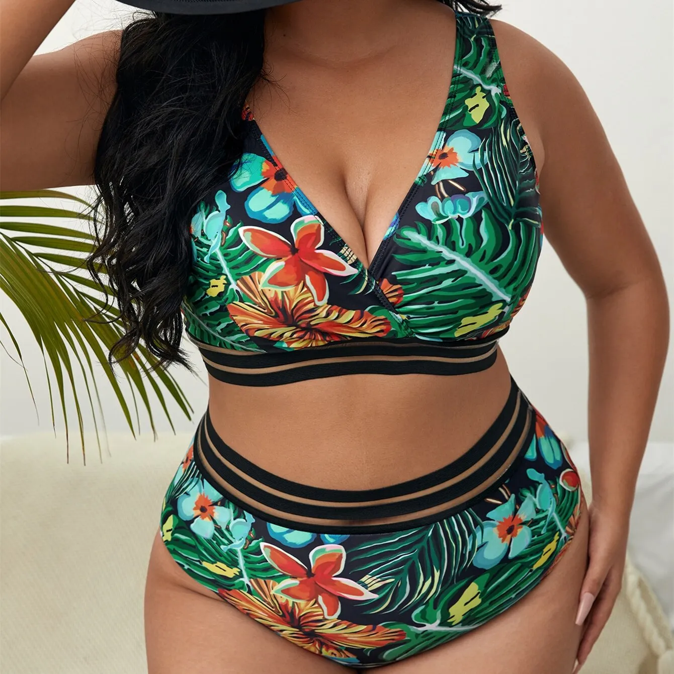 Plus Size  High Waist Two Pieces Bikini Set Swimsuit Women Beachwear Swimwear Bathing Suit