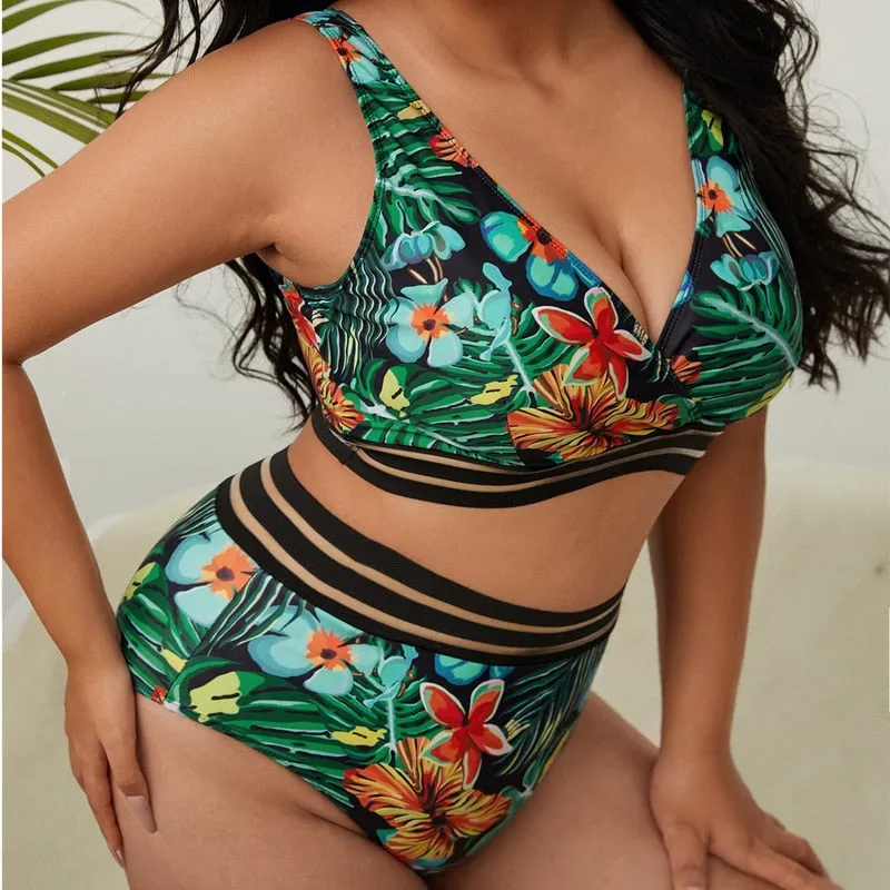 Plus Size  High Waist Two Pieces Bikini Set Swimsuit Women Beachwear Swimwear Bathing Suit
