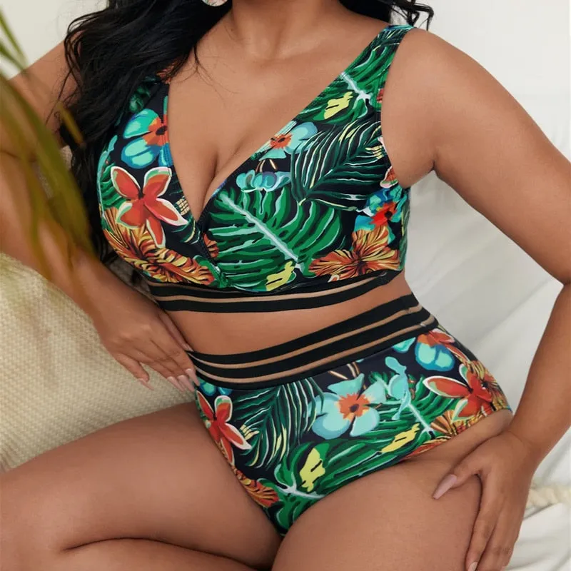 Plus Size  High Waist Two Pieces Bikini Set Swimsuit Women Beachwear Swimwear Bathing Suit