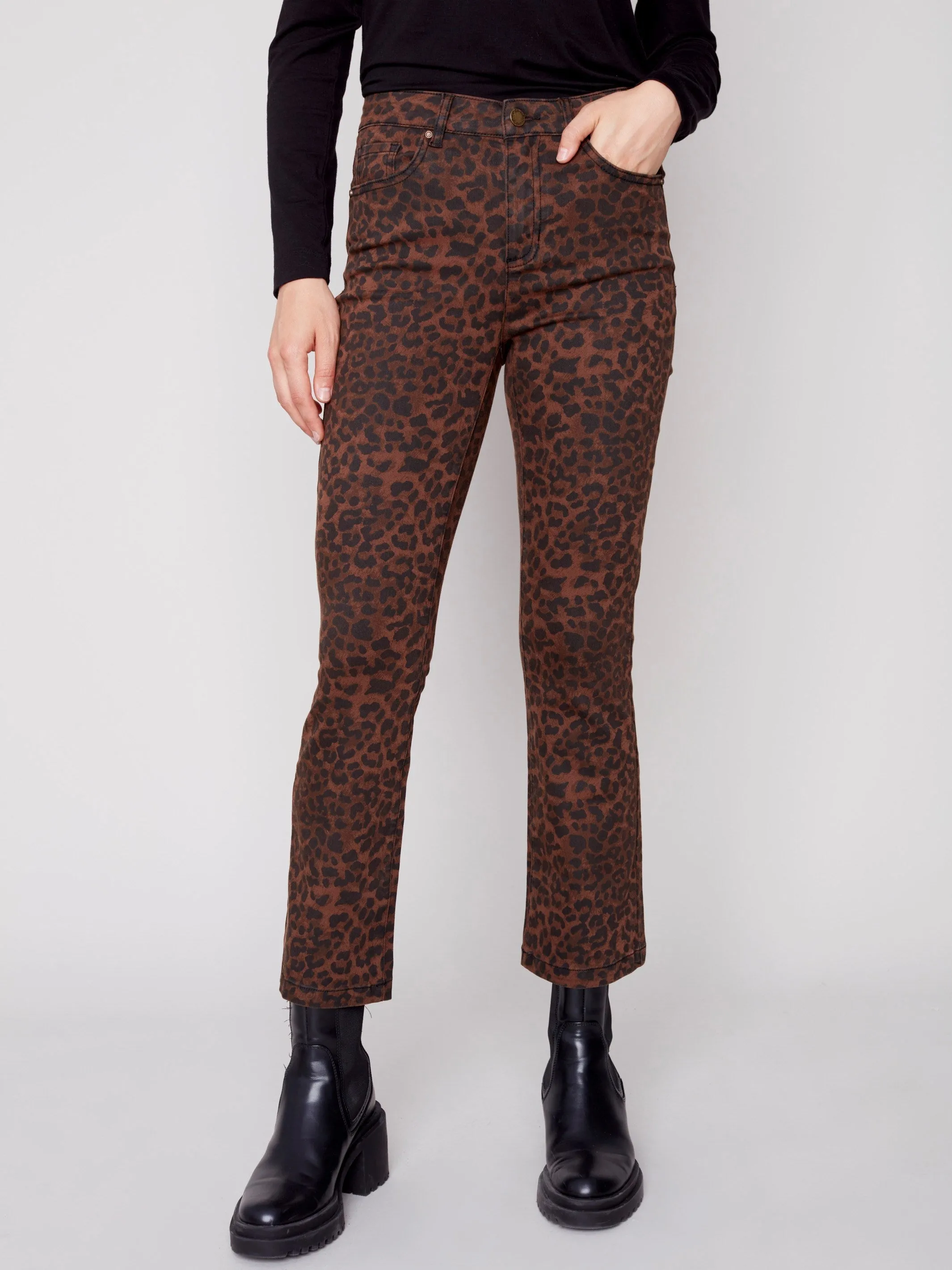 Printed Bootcut Stretch Twill Pants - Cheetah