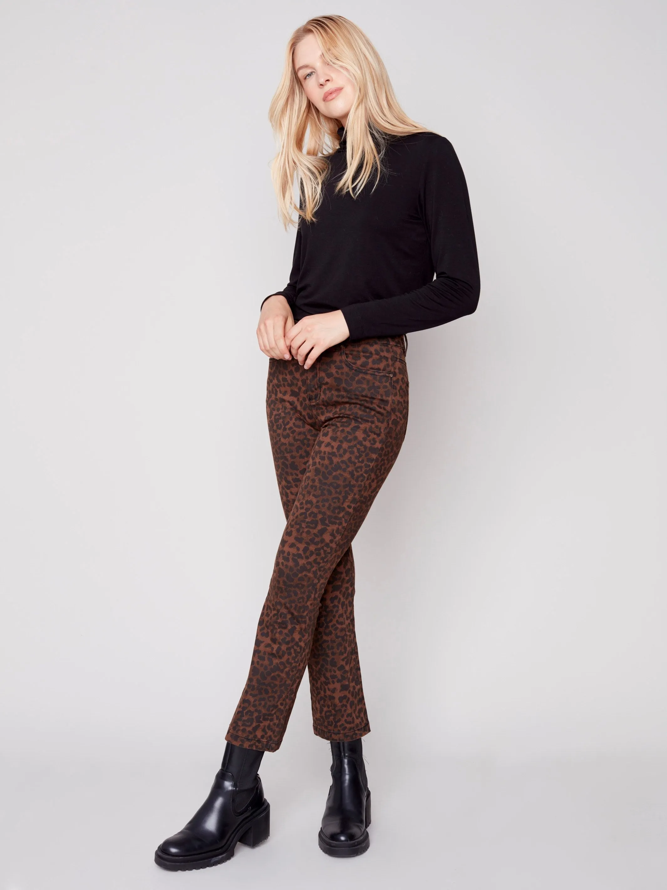 Printed Bootcut Stretch Twill Pants - Cheetah
