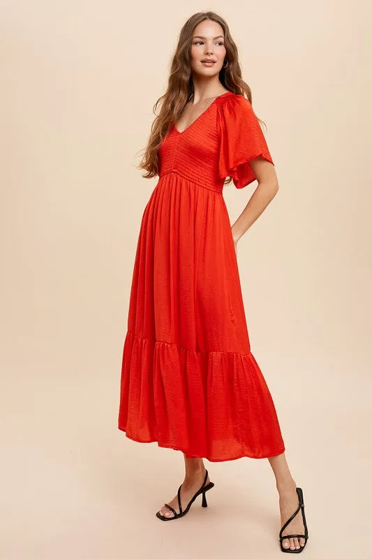Red Washed Satin Smocked Midi Dress