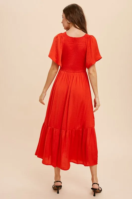 Red Washed Satin Smocked Midi Dress