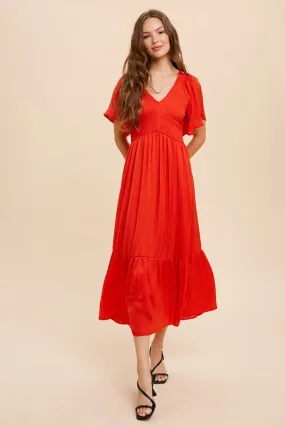 Red Washed Satin Smocked Midi Dress