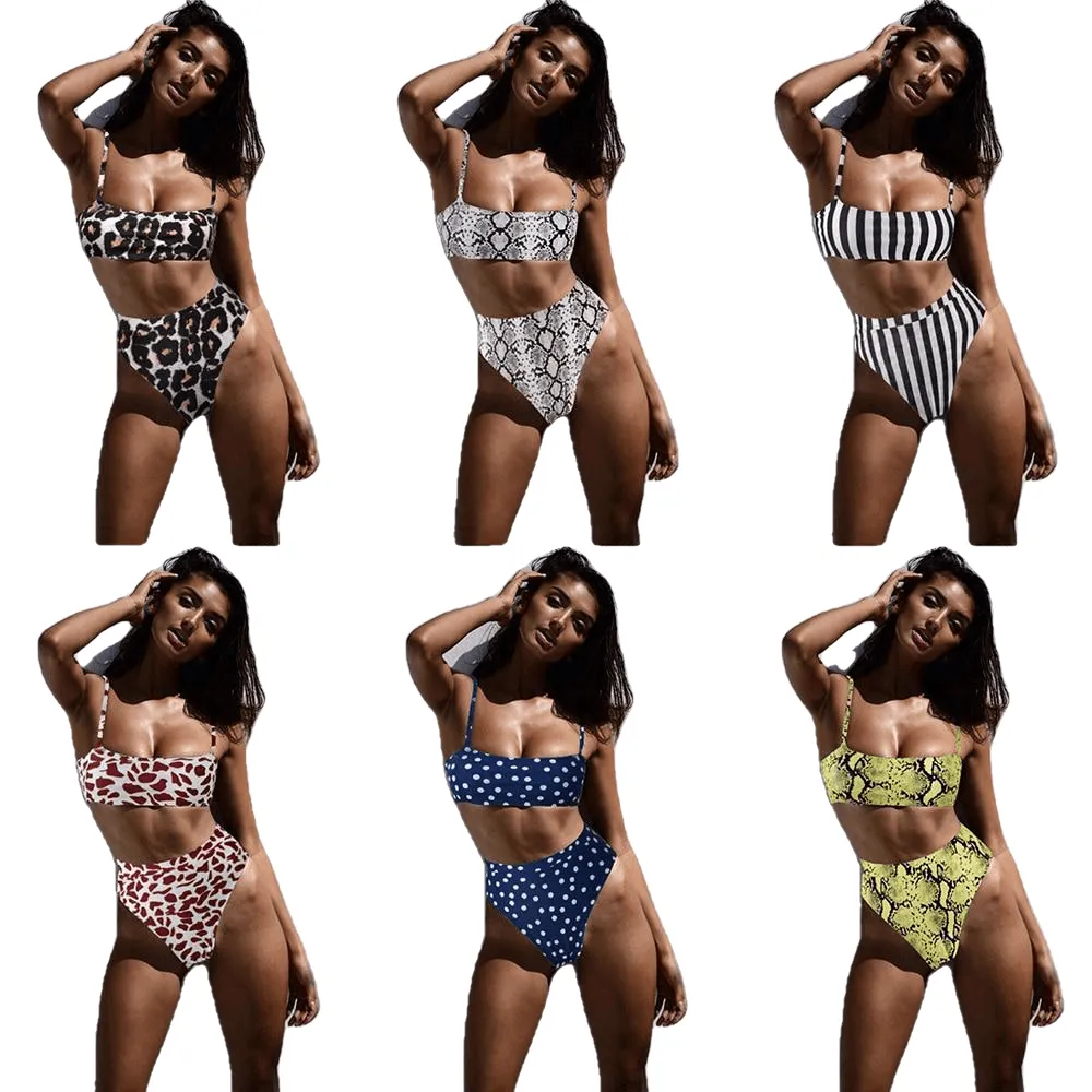 Sexy Solid Print Straps High Waist Push Up Padded Bikini For Female