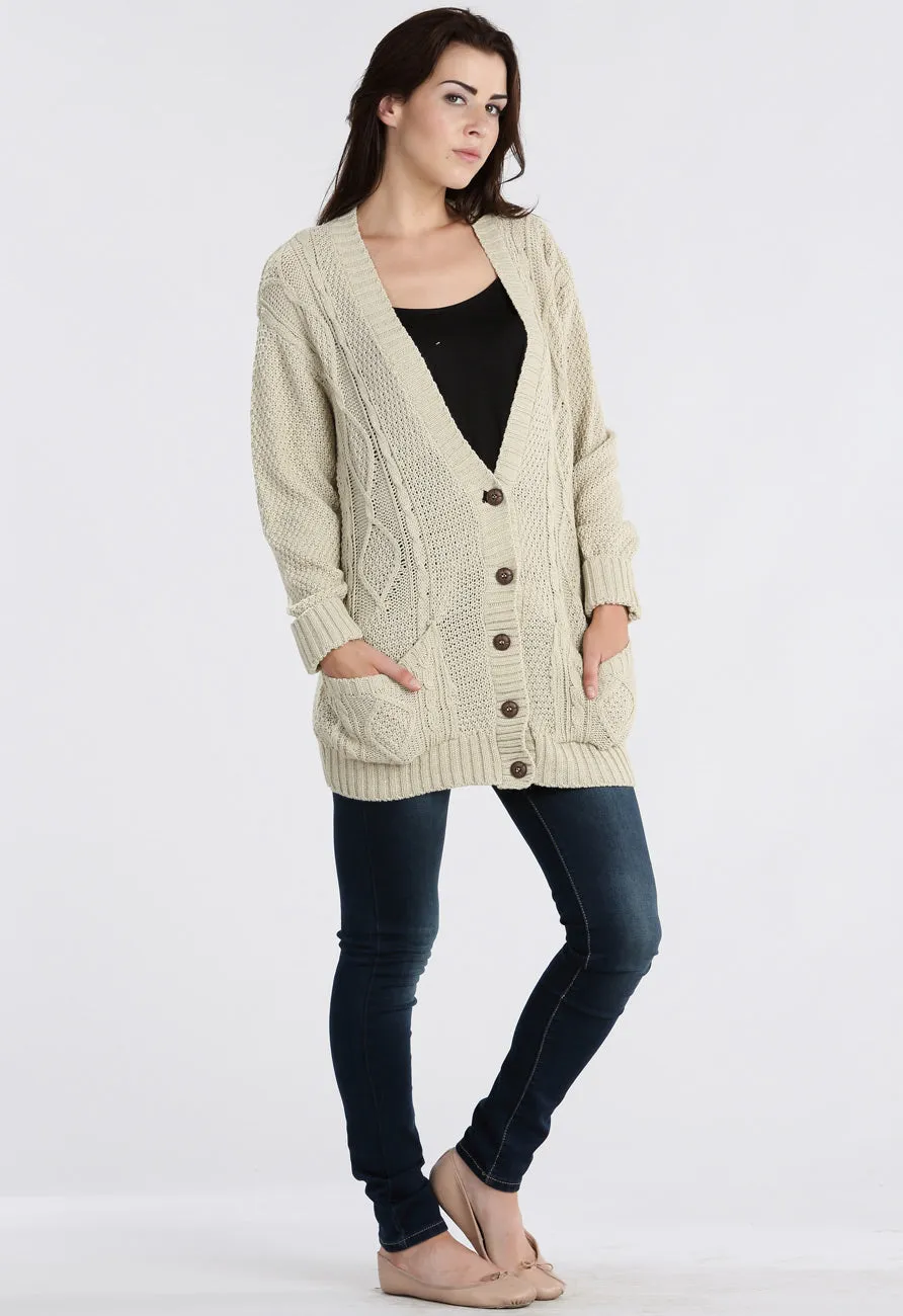 Stone Chunky Cable Knit Pocket Cardigan