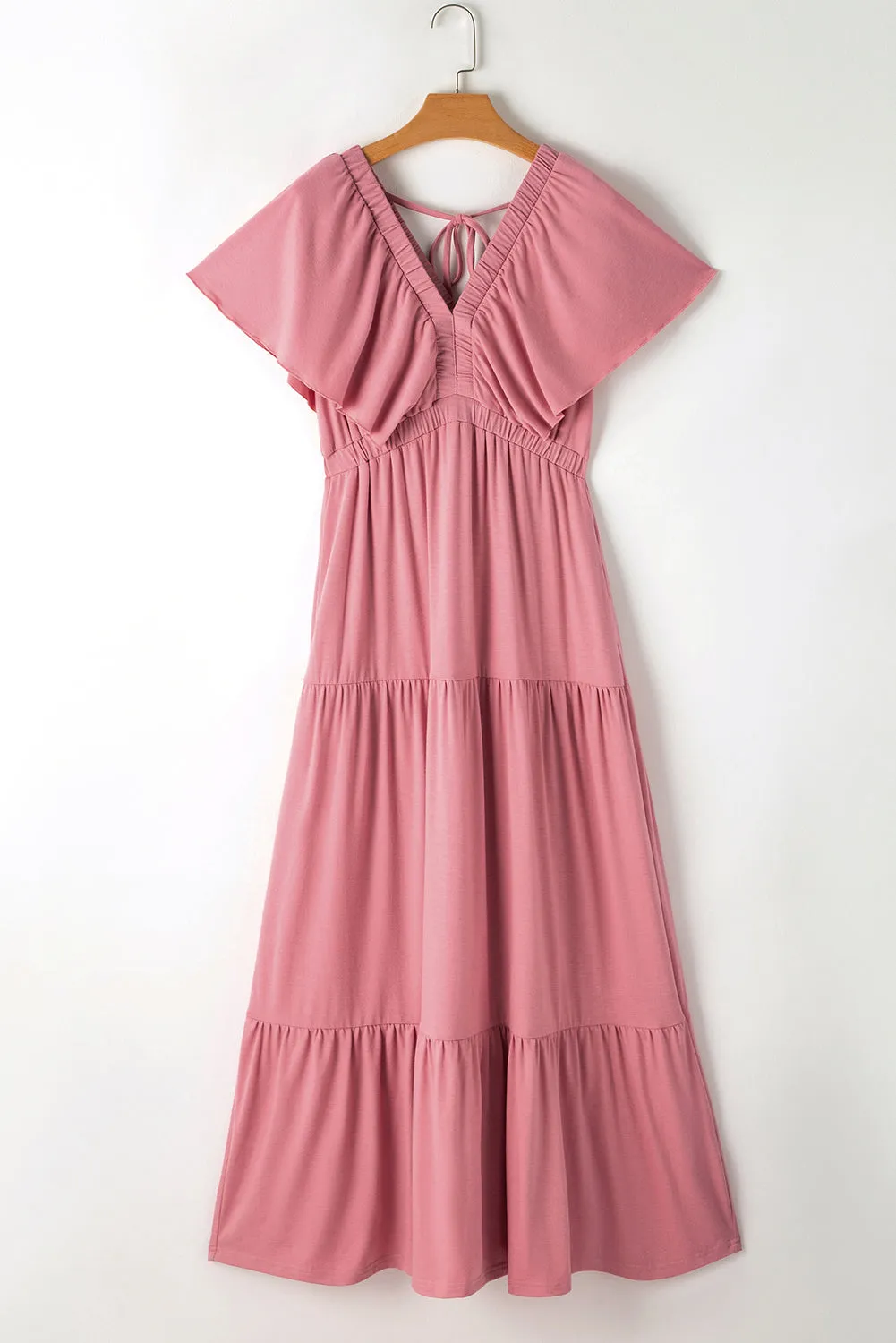 Textured V Neck Flutter Sleeve Ruffled Maxi Dress